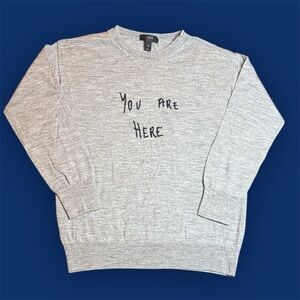 J. Crew 100% Merino Wool Grey Crewneck Sweater with “YOU ARE HERE” Text sz XS